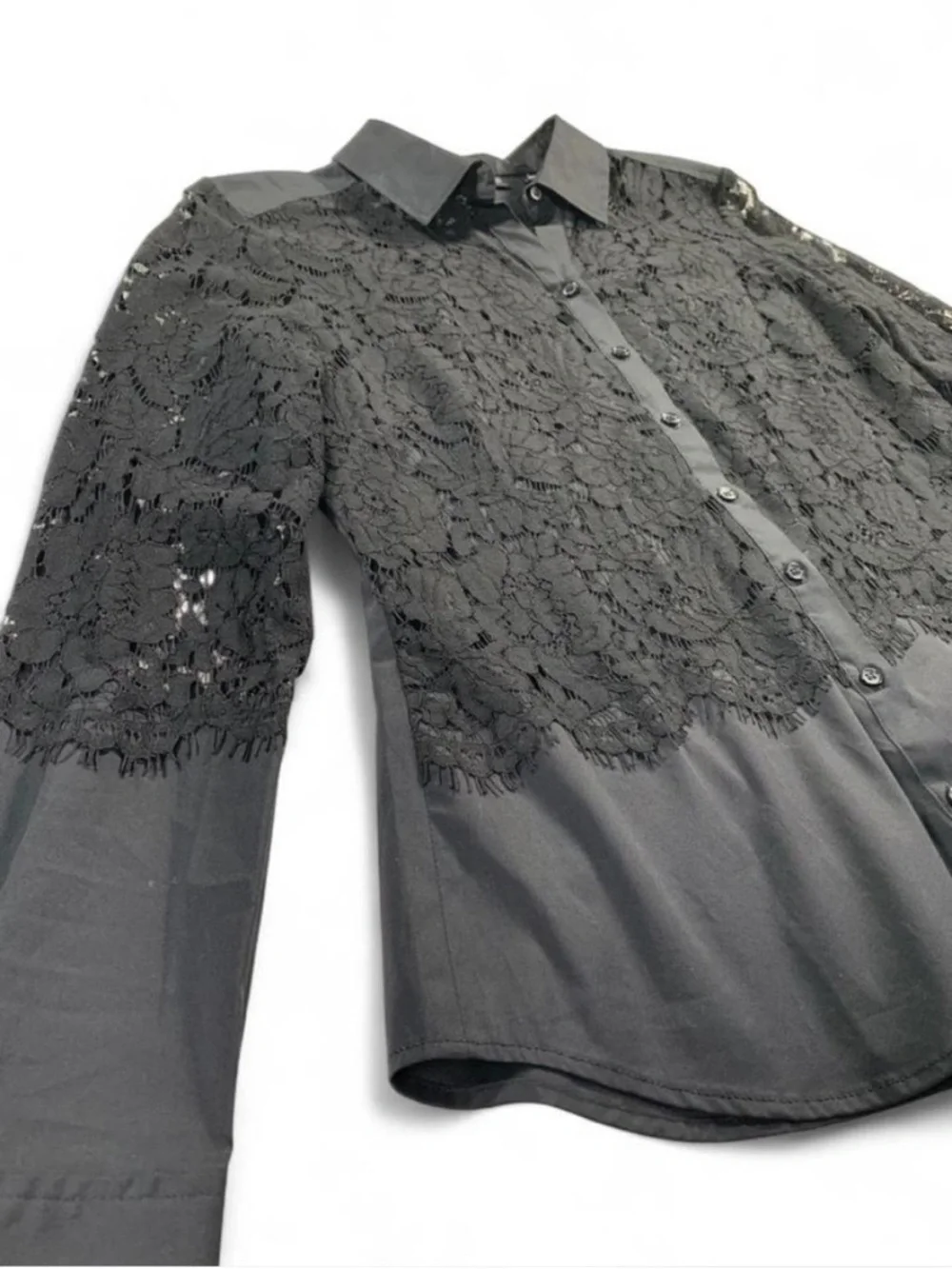 New York & Company Sheer Black Lace Button-Front Collared Shirt Whimsigoth Sz S